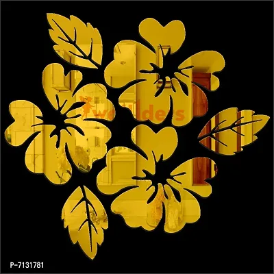 Designer Flower And Leaf Acrylic Mirror Wall Decor Sticker For Wall- Pack Of 6, Golden