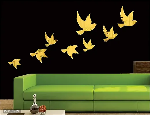 Designer 8 Flock Birds Acrylic Mirror Wall Decor Sticker For Wall - Golden-thumb0