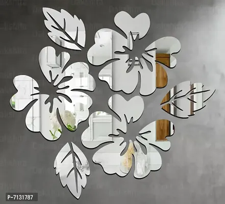 Designer Flower And Leaf - Pack Of 6, Acrylic Mirror Wall Decor Sticker For Wall