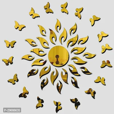 Designer Sun With 20 Butterfly Goldden (Sun Size 45 Cm X 45 Cm) Acrylic Mirror Wall Decor Sticker