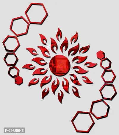 Designer Sun With 12 Hexagon Rings Red (Sun Size 45 Cm X 45 Cm) Acrylic Mirror Wall Decor Sticker