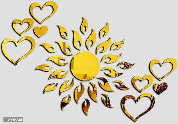 Designer Sun With 12 Love Hearts Goldden (Sun Size 45 Cm X 45 Cm) Acrylic Mirror Wall Decor Sticker