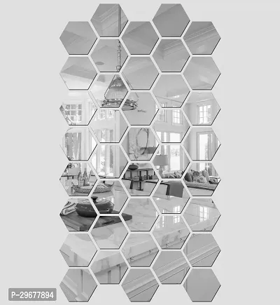 Designer 40 Hexagon Silver (Each Piece Size 12 X 10 Cm) Acrylic Mirror Wall Decor Sticker-thumb0