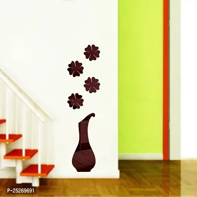 Designer Flower Pot Brown Acrylic Mirror Wall Stickers