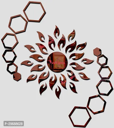 Designer Sun With 12 Hexagon Rings Brown (Sun Size 45 Cm X 45 Cm) Acrylic Mirror Wall Decor Sticker