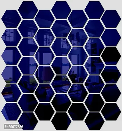 Designer 40 Hexagon Blue (Each Piece Size 12 X 10 Cm) Acrylic Mirror Wall Decor Sticker