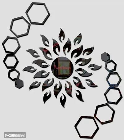 Designer Sun With 12 Hexagon Rings Black (Sun Size 45 Cm X 45 Cm) Acrylic Mirror Wall Decor Sticker