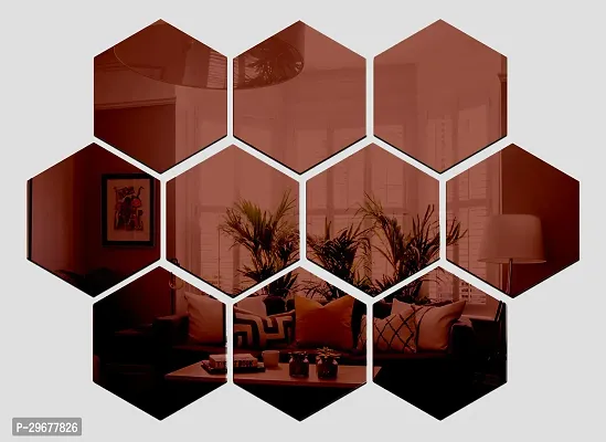 Designer 10 Hexagon Brown (Each Piece Size 12 X 10 Cm) Acrylic Mirror Wall Decor Sticker