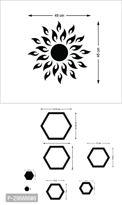 Designer Sun With 12 Hexagon Rings Black (Sun Size 45 Cm X 45 Cm) Acrylic Mirror Wall Decor Sticker-thumb2