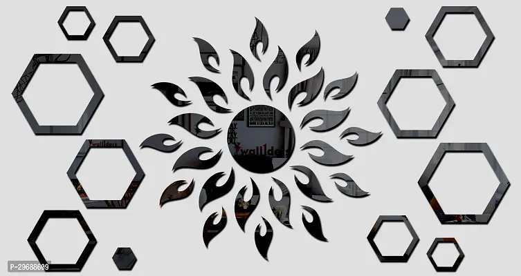 Designer Sun With 12 Hexagon Rings Black (Sun Size 45 Cm X 45 Cm) Acrylic Mirror Wall Decor Sticker