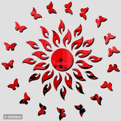 Designer Sun With 20 Butterfly Red (Sun Size 45 Cm X 45 Cm) Acrylic Mirror Wall Decor Sticker