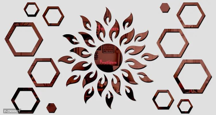 Designer Sun With 12 Hexagon Rings Brown (Sun Size 45 Cm X 45 Cm) Acrylic Mirror Wall Decor Sticker