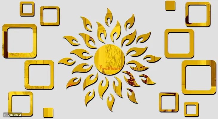 Designer Sun With 12 Square Goldden (Sun Size 45 Cm X 45 Cm) Acrylic Mirror Wall Decor Sticker-thumb0