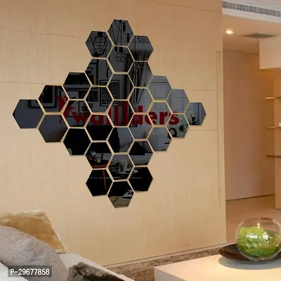 Designer 30 Hexagon Black (Each Piece Size 12 X 10 Cm) Acrylic Mirror Wall Decor Sticker