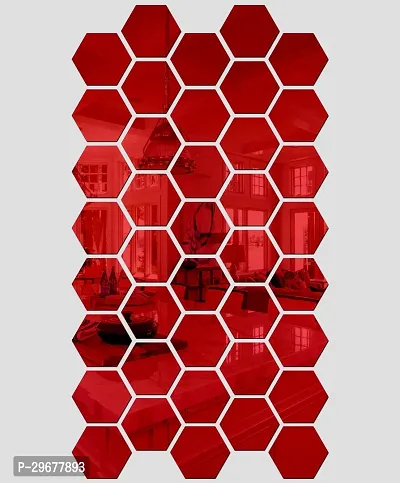 Designer 40 Hexagon Red (Each Piece Size 12 X 10 Cm) Acrylic Mirror Wall Decor Sticker