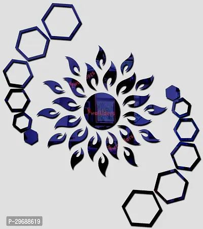 Designer Sun With 12 Hexagon Rings (Sun Size 45 Cm X 45 Cm) Acrylic Mirror Wall Decor Sticker