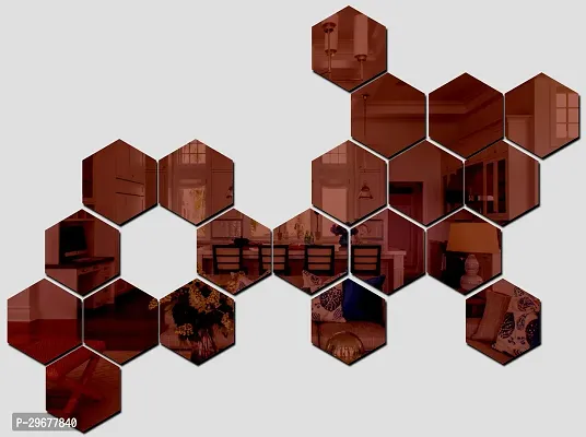 Designer 20 Hexagon Brown (Each Piece Size 12 X 10 Cm) Acrylic Mirror Wall Decor Sticker