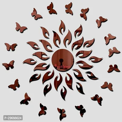 Designer Sun With 20 Butterfly Brown (Sun Size 45 Cm X 45 Cm) Acrylic Mirror Wall Decor Sticker