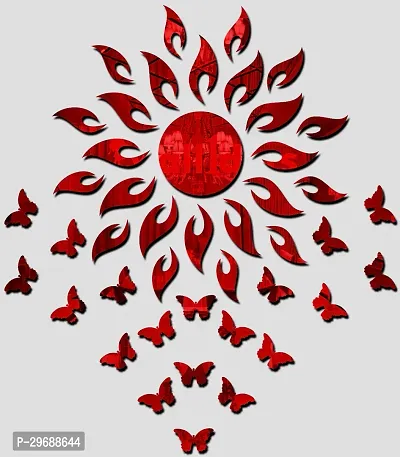 Designer Sun With 20 Butterfly Red (Sun Size 45 Cm X 45 Cm) Acrylic Mirror Wall Decor Sticker