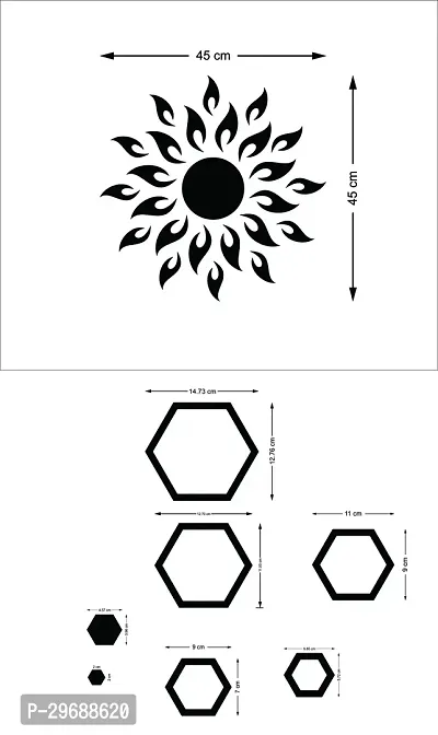 Designer Sun With 12 Hexagon Rings (Sun Size 45 Cm X 45 Cm) Acrylic Mirror Wall Decor Sticker-thumb2