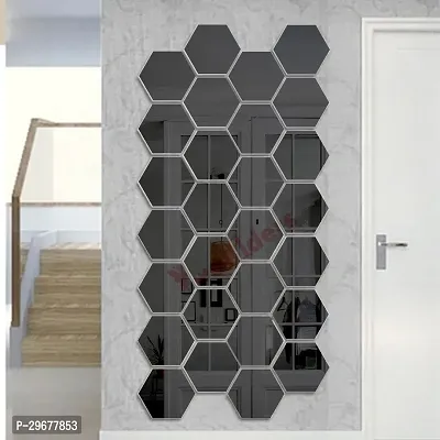 Designer 28 Hexagon Black (Each Piece Size 12 X 10 Cm) Acrylic Mirror Wall Decor Sticker