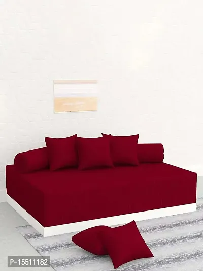 Diwan Set Cotton 8 Pieces Latest Solid and Satin Striped with Single Bedsheet, 5 Cushions Covers and 2 Bolster Covers (70 * 100 Inch, Red)