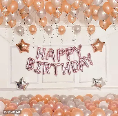 Classic Solid Happy Birthday Decoration Item (Set 36 ) 13 Letter Rose Gold Birthday Foil +30 Rose Gold ,White and Silver Hd Metallic Balloon + 2 Rose Gold +2 Silver Star Foil + 1 Ribbon Set Balloon-thumb0