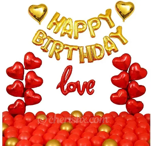 Classic Solid Elegant Happy Birthday Balloons Set For Decoration Kit - Husband, Wife Birthday Wall Decoration - 69Pc Combo - Led Light, Heart Balloons, Happy Birthday, Metallic, Love Foil Balloons Balloon
