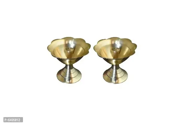 Brass Flower Diya /Deep / oil Lamp for pooja (Set of 2, Height 3.8 cm)-thumb0