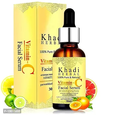 Khadi Herbal Vitamin C Facial Serum for Natural Glowing Beauty | Infused with Hyaluronic acid and Vitamin C | 30ml (Pack of 1)