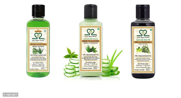 S2M Khadi Herbal Ayurvedic Hair Care Kit - Neem Aloevera Shampoo + Amla Bhringraj Hair oil + Green Tea  Aloevera Conditioner 210 ml each