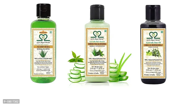 S2M Khadi Herbal Ayurvedic Hair Care Kit -Aloevera Shampoo + Amla Bhringraj Hair oil + Green Tea  Aloevera Conditioner 210 ml each
