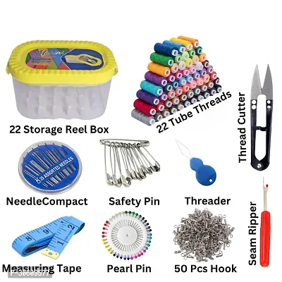 Threads Needle Compact Safety Pin Threader Measuring Tape Storage Reel Box (Combo)