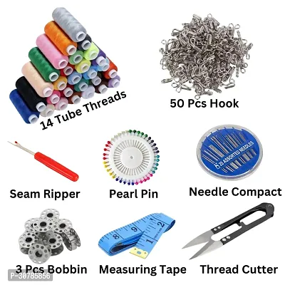 Sewing Kit:14 Tube Threads, 50 Pcs Hooks, Seam Ripper, Pearl Pins, Needles, Compact Case, 3 Bobbins, Measuring Tape, and Thread CutterSewing Kit: 14 Tube Threads, 50 Pcs Hooks, Seam Ripper, Pearl-thumb0