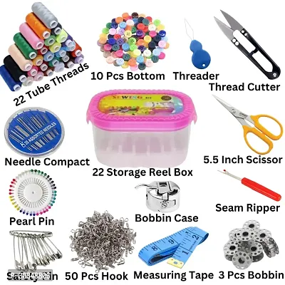 22 Storage reel box 22 Tube threads 10 Pcs Bottom Threader 5.5 Inch Scissor Thread cutter Needle compact Pearl pin Safety pin 50 pcs hook Bobbin case Seam ripper Measuring tape 5 pcs bobbin 22 Storage