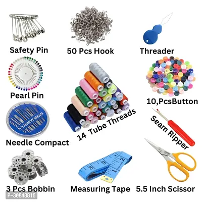 Sewing Kit with 14 Tube Threads, Safety Pins, Hook Threader, Pearl Pins, Needles, Compact Bobbins, Measuring Tape, Seam Ripper, and 5.5 Inch Scissors