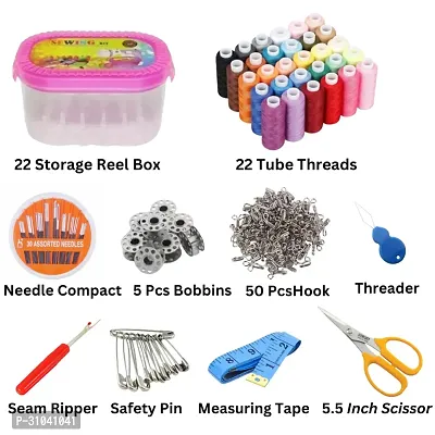 22 Storage Reel Box 22 Tube Threads Needle Compact 5 Pcs Bobbin 50 Pcs Hook Threader Seam Ripper Safety Pin Measuring Tape 5.5 Inch Scissor-thumb0