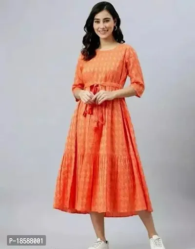 Flared Orange  Cotton Kurta for Women