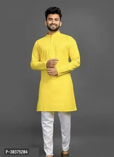 Trendy Yellow Cotton Blend Kurtas For Men