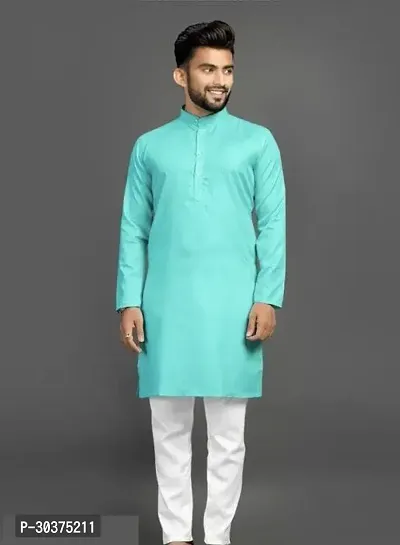 Trendy Turquoise Cotton Blend Kurtas For Men-thumb0