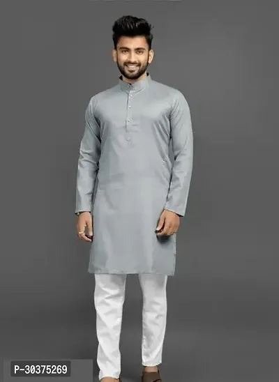 Trendy Grey Cotton Blend Kurtas For Men-thumb0