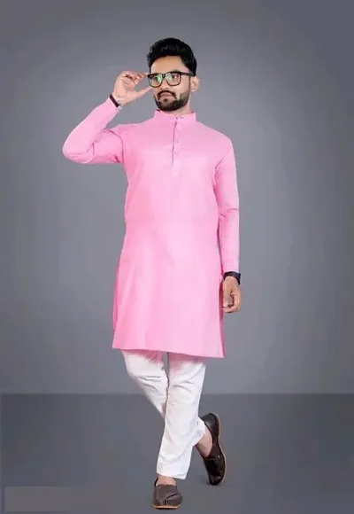 Latest Blend Full Sleeves Mandarin Collar Kurta Pyjama Set (Pink)