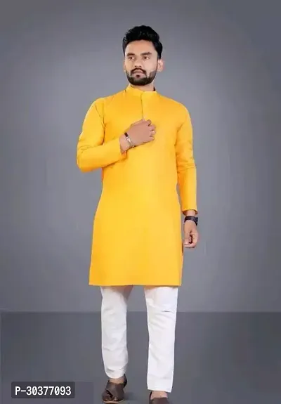 Trendy Yellow Cotton Blend Kurtas For Men-thumb0