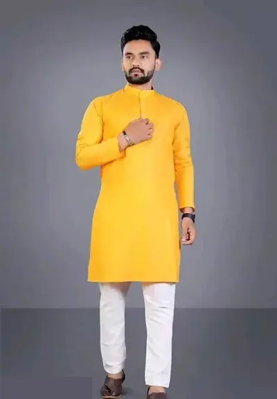 Latest Blend Full Sleeves Mandarin Collar Kurta Pyjama Set (Orange)