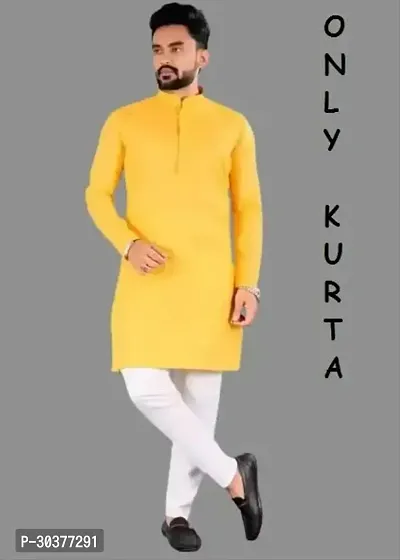 Trendy Yellow Cotton Blend Kurtas For Men-thumb0