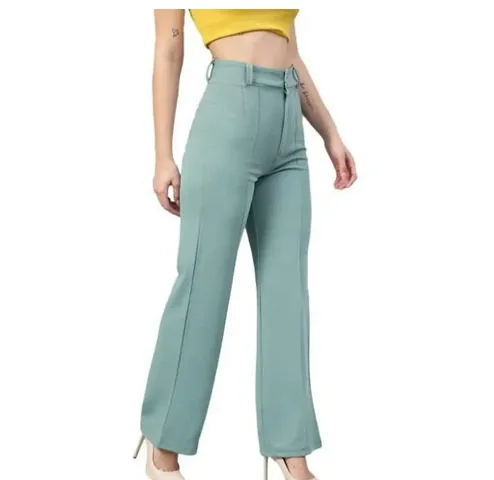 Devi Creation Women Solid Regular Fit Viscose Rayon Trousers | High-Waisted Pant | Casual Office Straight Leg Trouser | Daily Wear Pants | Bell Bottom Trendy Retro-Chic Trousers | Women's Slim Pant | Perfect for Every Occasion (Pista)