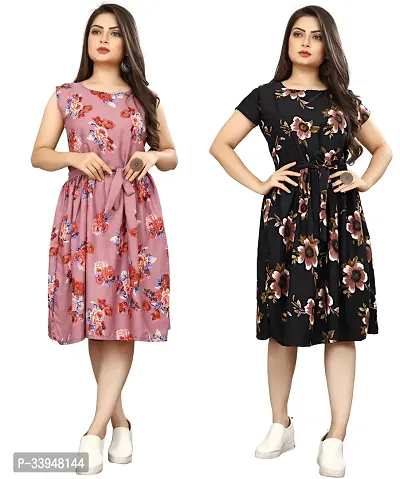 Stylish Multicoloured Crepe Dresses For Women Pack Of 2-thumb0