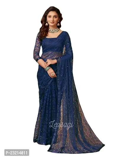 Linzess Women's Printed Net Beautiful Ethnic Wear Lightweight saree With Unstiched Blouse (NL-1094_Dark Blue)-thumb0