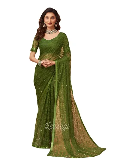 Linzess Women's Net Beautiful Ethnic Wear Lightweight saree With Unstiched Blouse (NL-1100_Light Mehendi)