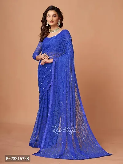 Linzess Women's Printed Net Beautiful Ethnic Wear Lightweight saree With Unstiched Blouse (NL-1104_Navy Blue)-thumb2